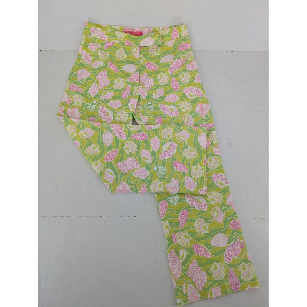 Key West Shell Print Ankle Pants Women 4 Green Pink Stretch Coastal Preppy Lilly